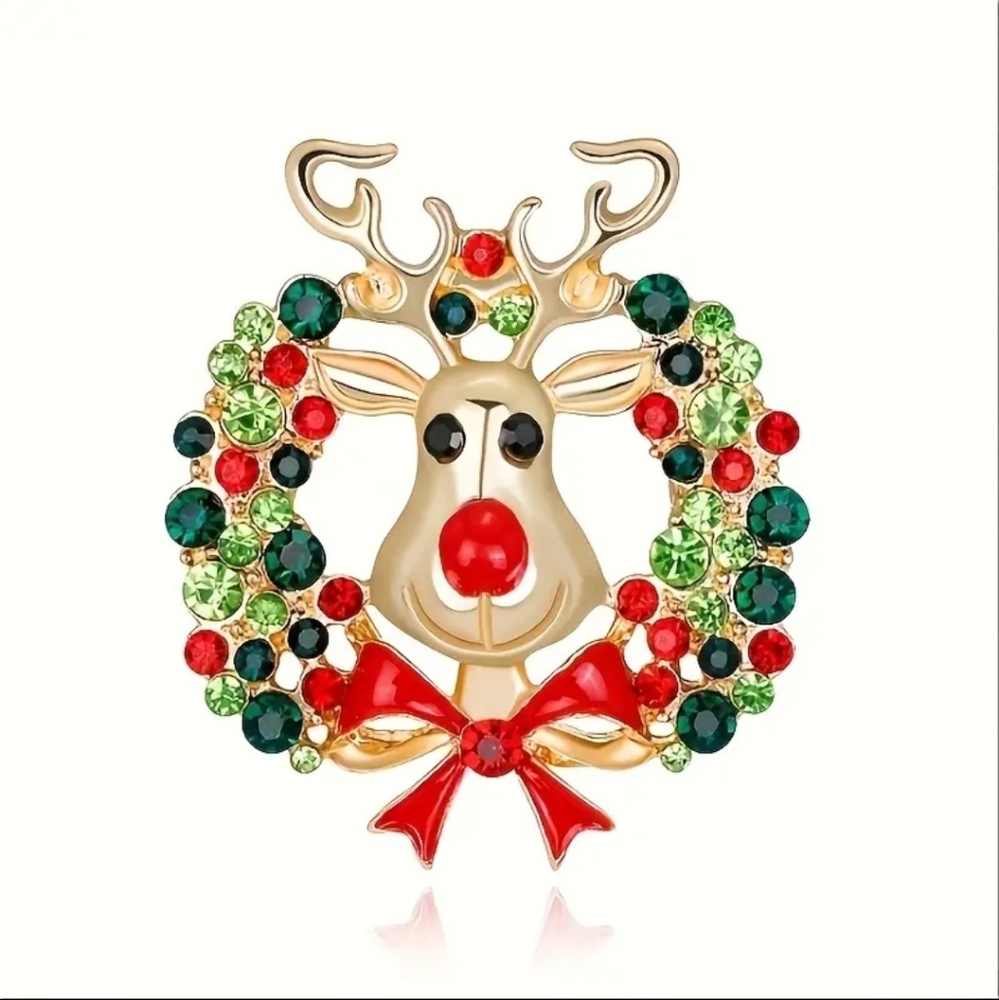 NEW Festive Reindeer Wreath Brooch Pin With Colorful Rhinestones